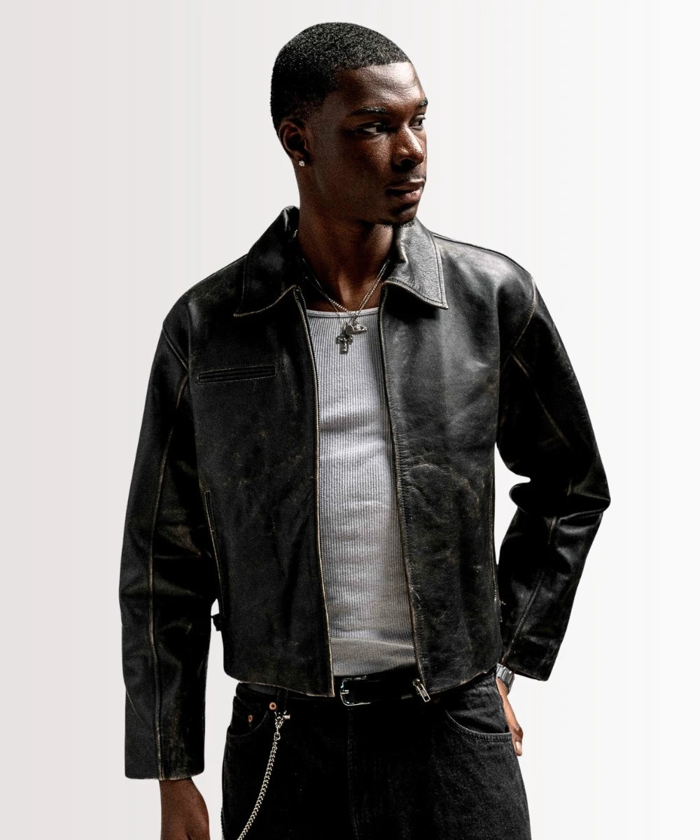 Mens Vintage Distressed Leather Jacket - Jet Black