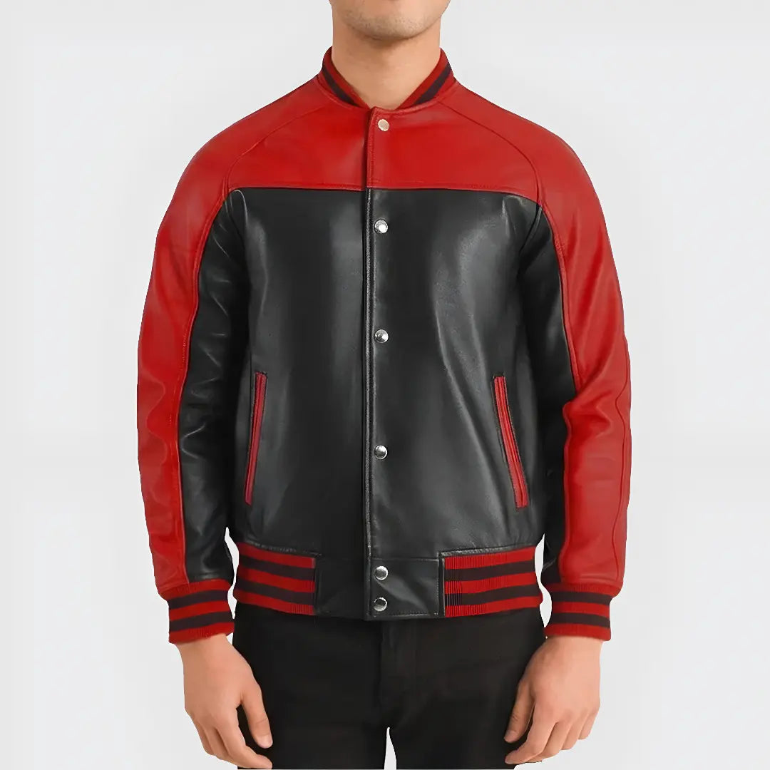 Men’s Black and Red Leather Varsity Jacket