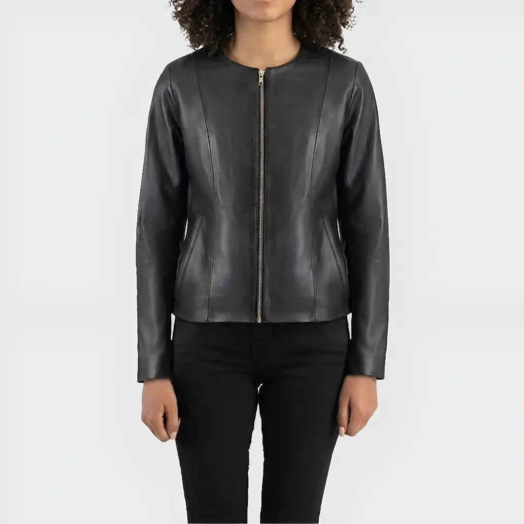 Women's Black Collarless Leather Jacket