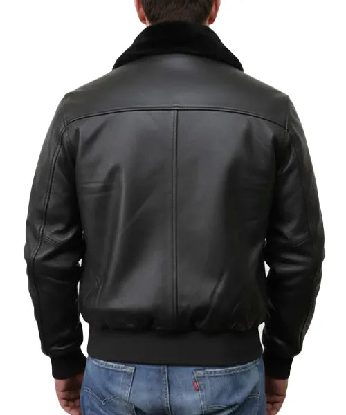Men's Black Leather Jacket with Fur Collar – Genuine Sheepskin Bomber Style