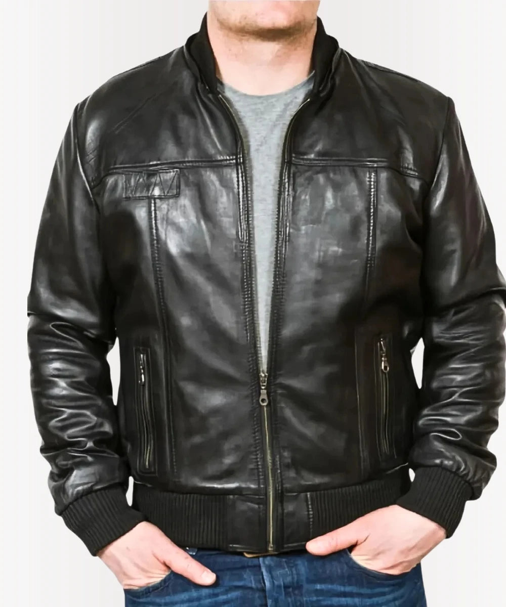 Men’s Leather Bomber Jacket with Hood – Slim Fit Black