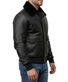 Men's Black Leather Jacket with Fur Collar – Genuine Sheepskin Bomber Style