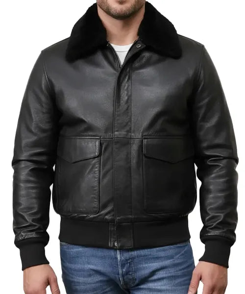 Men's Black Leather Jacket with Fur Collar – Genuine Sheepskin Bomber Style