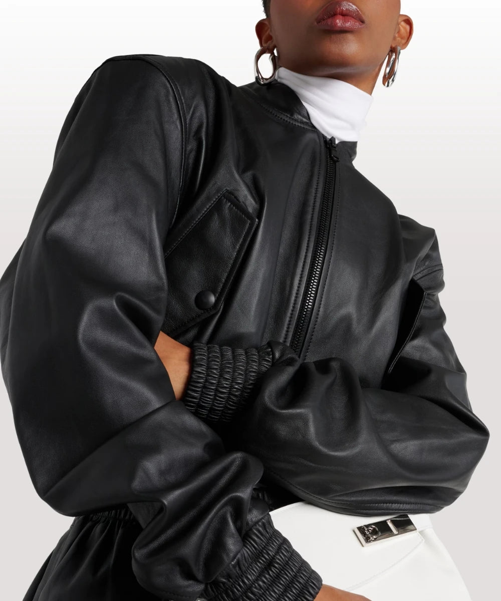 Women's Cropped Leather Bomber Jacket - Black Classic