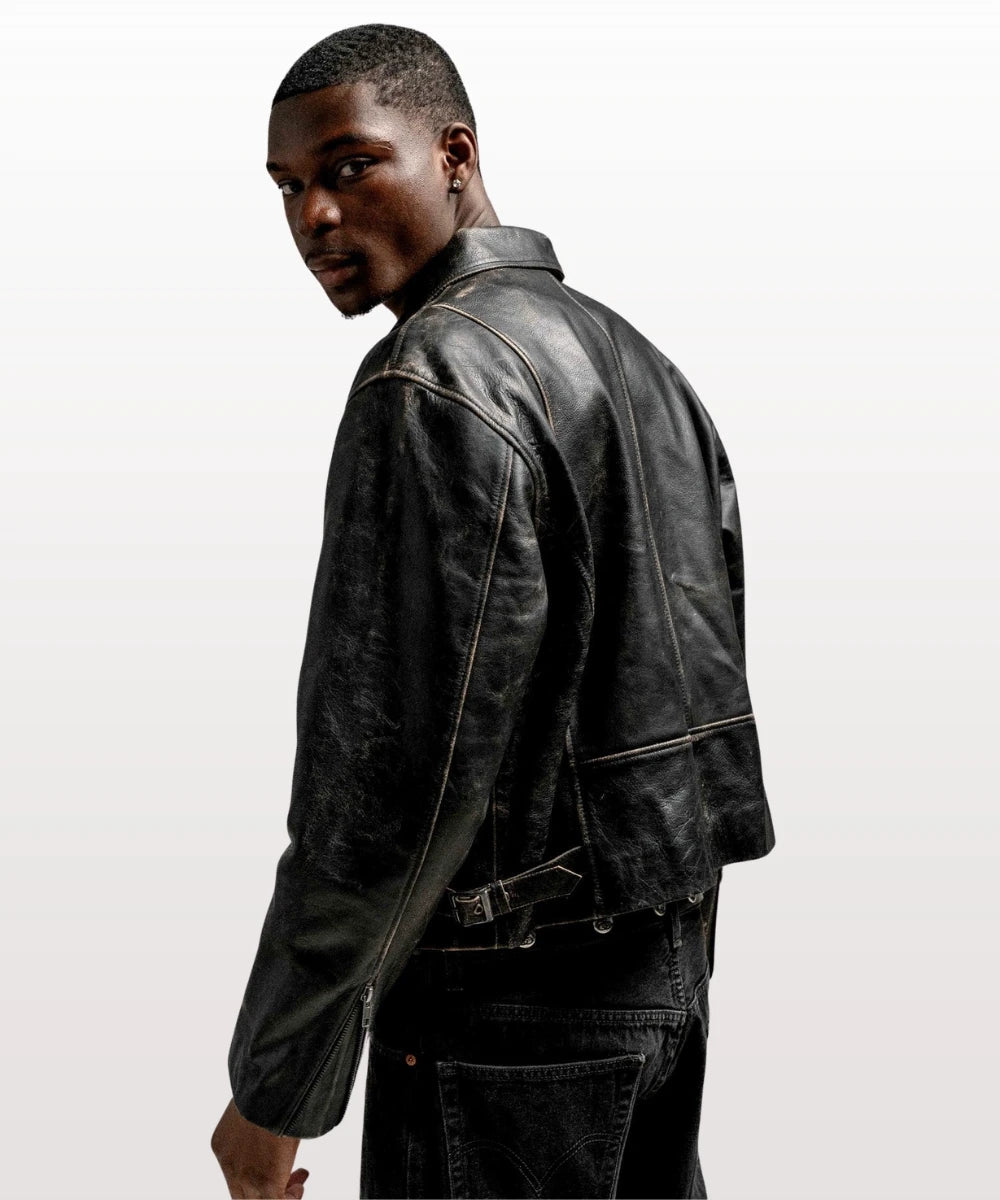 Mens Vintage Distressed Leather Jacket - Jet Black