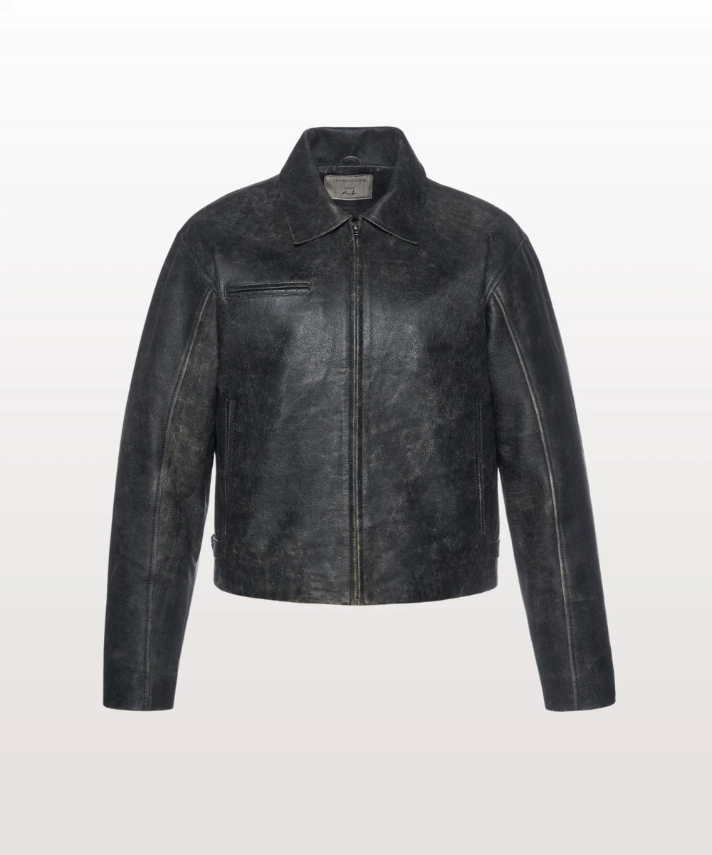 Mens Vintage Distressed Leather Jacket - Jet Black