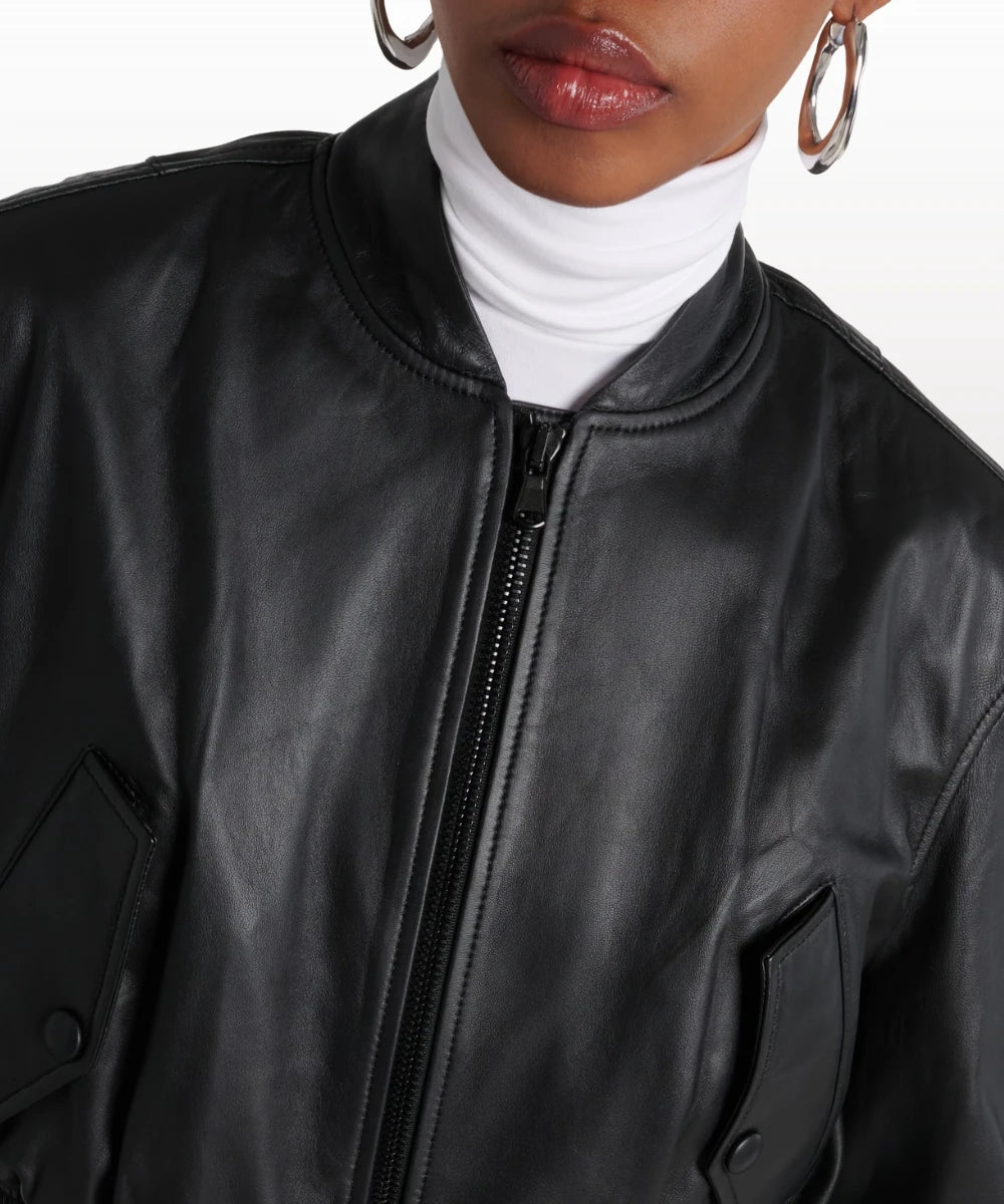 Women's Cropped Leather Bomber Jacket - Black Classic