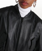 Women's Cropped Leather Bomber Jacket - Black Classic