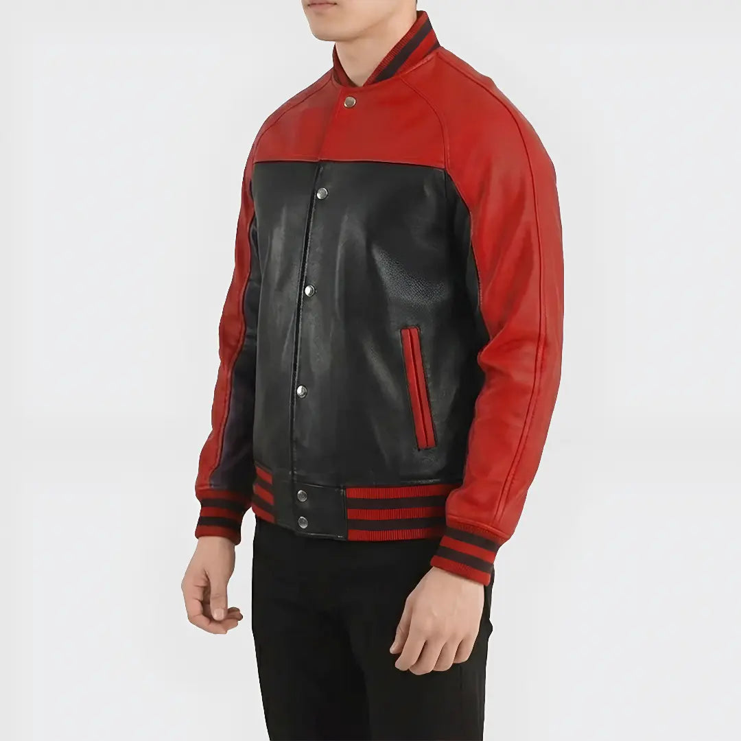 Men’s Black and Red Leather Varsity Jacket