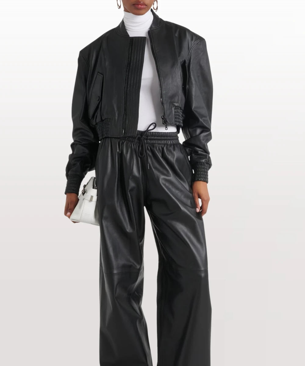 Women's Cropped Leather Bomber Jacket - Black Classic