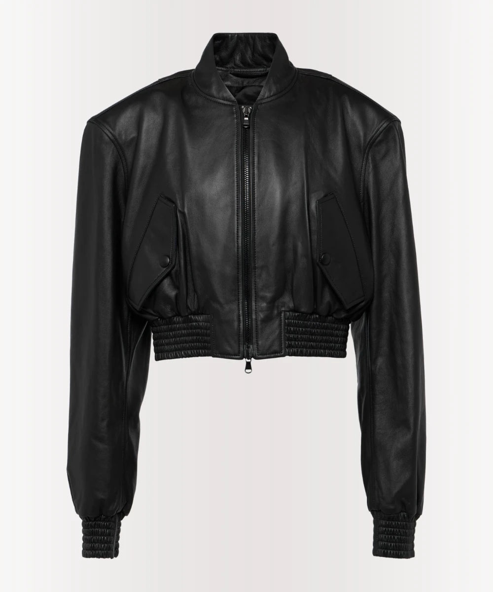 Women's Cropped Leather Bomber Jacket - Black Classic